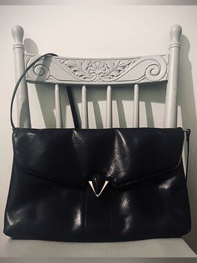 Vintage Italian Leather Bag, Black with Gold Detail
